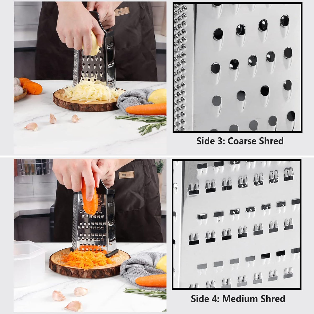 Box Grater, Cheese Grater Shredder Stainless Steel with 6 Sides, Best for Parmesan Cheese, Vegetables, Potatoes, Carrot, Ginger, Mandoline Vegetable Slicer with Detachable Container, Black