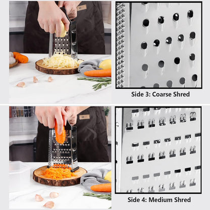 Box Grater, Cheese Grater Shredder Stainless Steel with 6 Sides, Best for Parmesan Cheese, Vegetables, Potatoes, Carrot, Ginger, Mandoline Vegetable Slicer with Detachable Container, Black