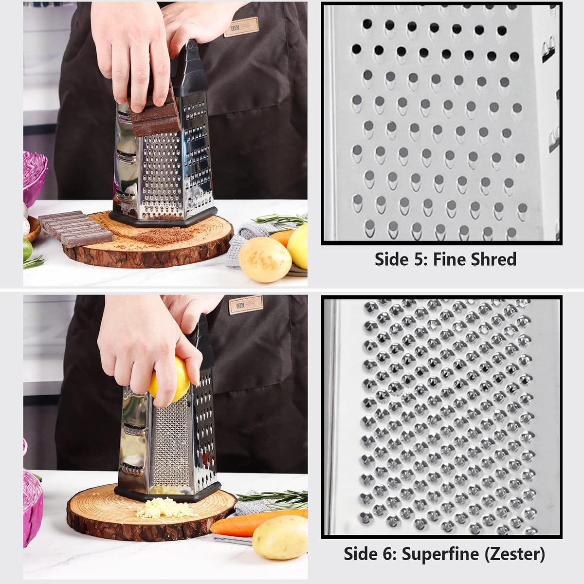 Box Grater, Cheese Grater Shredder Stainless Steel with 6 Sides, Best for Parmesan Cheese, Vegetables, Potatoes, Carrot, Ginger, Mandoline Vegetable Slicer with Detachable Container, Black