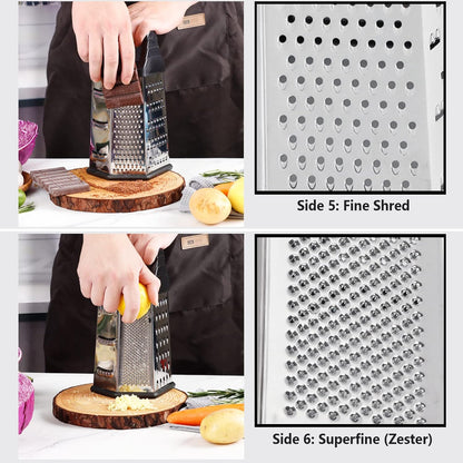 Box Grater, Cheese Grater Shredder Stainless Steel with 6 Sides, Best for Parmesan Cheese, Vegetables, Potatoes, Carrot, Ginger, Mandoline Vegetable Slicer with Detachable Container, Black
