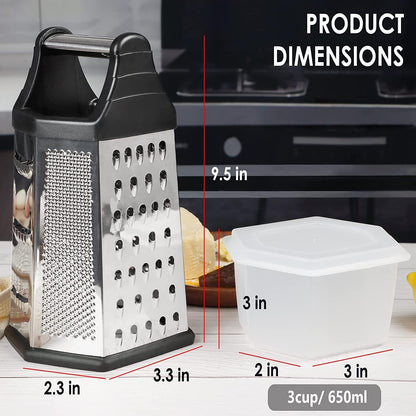 Box Grater, Cheese Grater Shredder Stainless Steel with 6 Sides, Best for Parmesan Cheese, Vegetables, Potatoes, Carrot, Ginger, Mandoline Vegetable Slicer with Detachable Container, Black