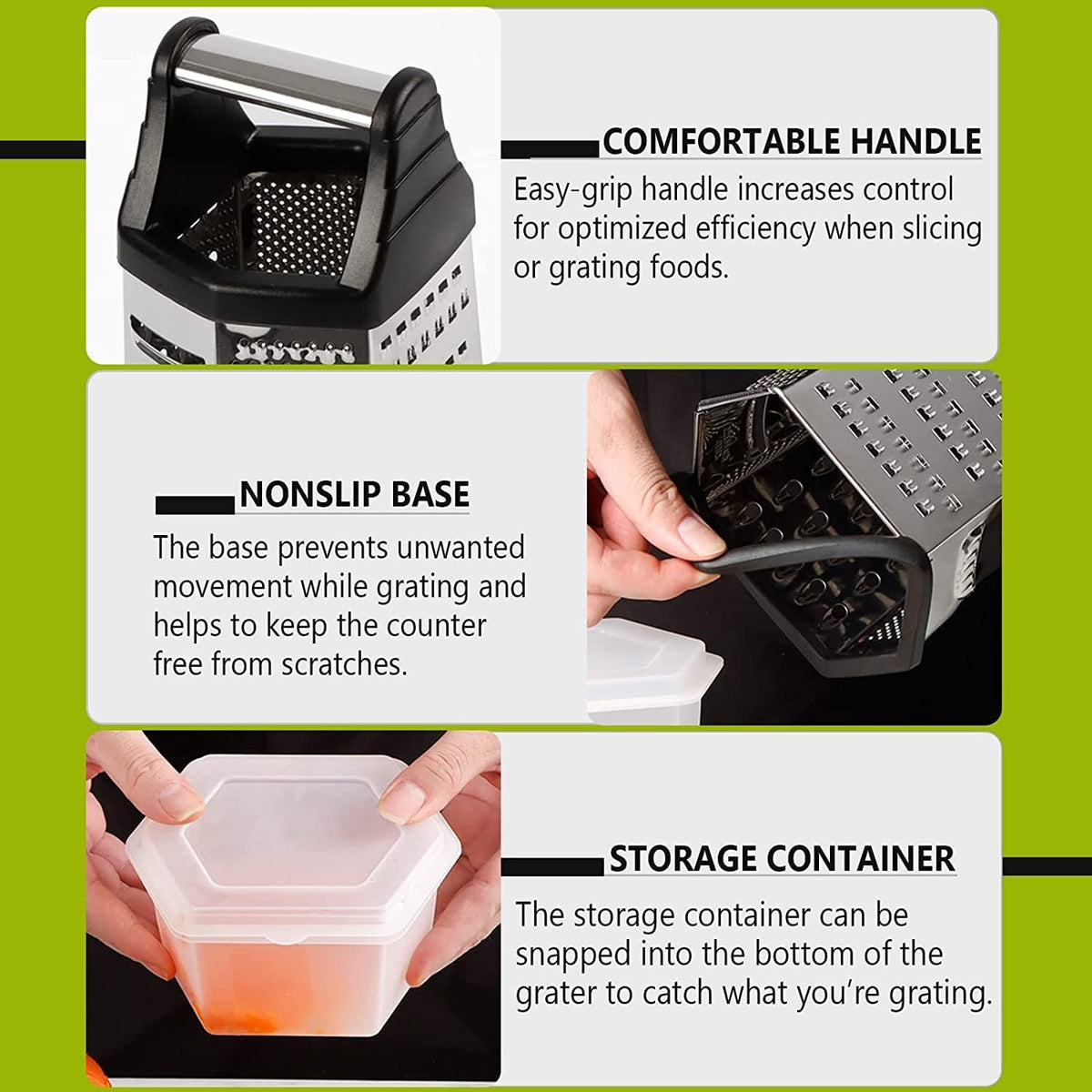 Box Grater, Cheese Grater Shredder Stainless Steel with 6 Sides, Best for Parmesan Cheese, Vegetables, Potatoes, Carrot, Ginger, Mandoline Vegetable Slicer with Detachable Container, Black