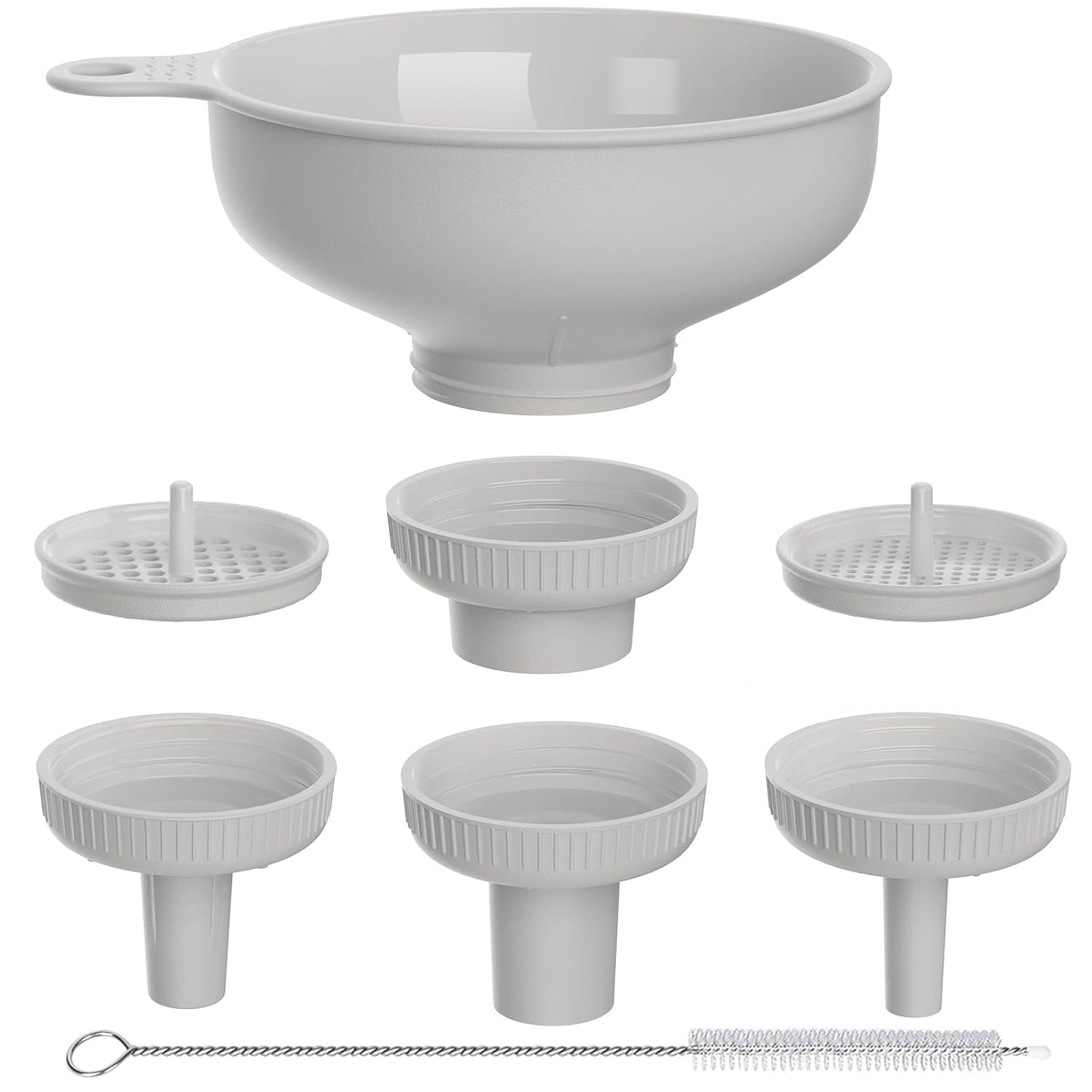 Wide Mouth Versatile Funnel, Canning Funnels for Kitchen Use, Food Grade Plastic Cooking Funnel Set with 4 Size Spouts and 2 Strainers for Filling Different Bottles and Bags, Grey