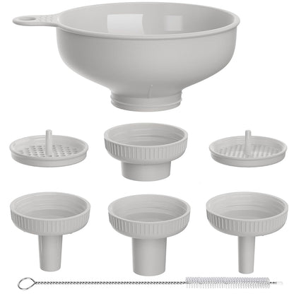 Wide Mouth Versatile Funnel, Canning Funnels for Kitchen Use, Food Grade Plastic Cooking Funnel Set with 4 Size Spouts and 2 Strainers for Filling Different Bottles and Bags, Grey
