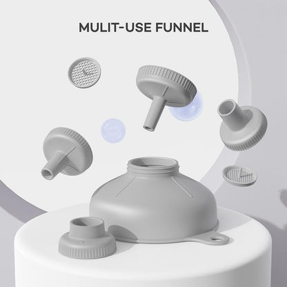 Wide Mouth Versatile Funnel, Canning Funnels for Kitchen Use, Food Grade Plastic Cooking Funnel Set with 4 Size Spouts and 2 Strainers for Filling Different Bottles and Bags, Grey