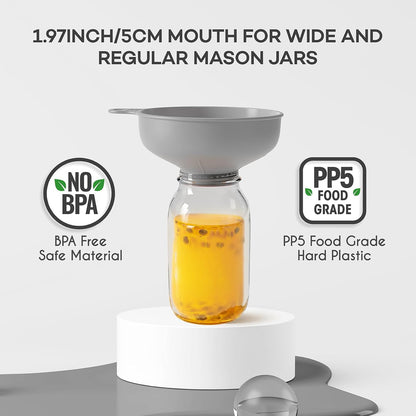 Wide Mouth Versatile Funnel, Canning Funnels for Kitchen Use, Food Grade Plastic Cooking Funnel Set with 4 Size Spouts and 2 Strainers for Filling Different Bottles and Bags, Grey