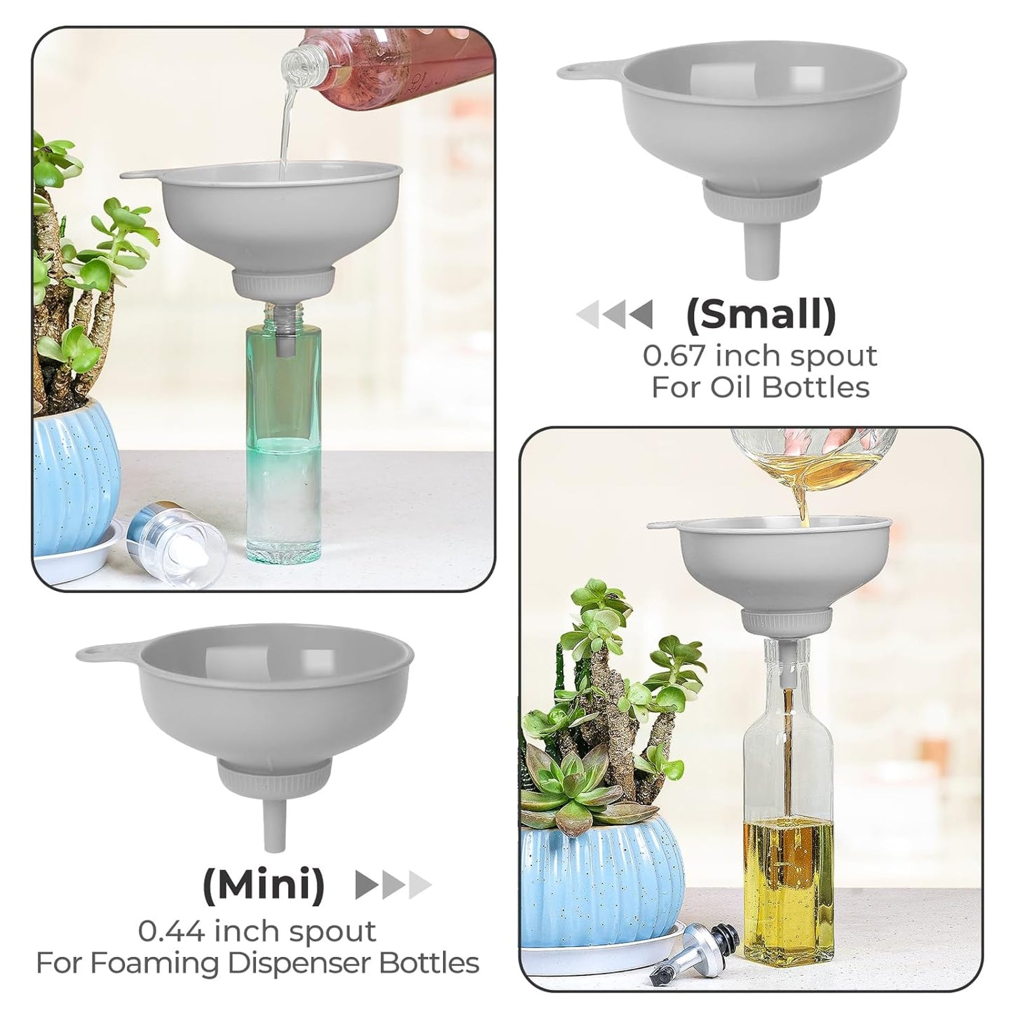 Wide Mouth Versatile Funnel, Canning Funnels for Kitchen Use, Food Grade Plastic Cooking Funnel Set with 4 Size Spouts and 2 Strainers for Filling Different Bottles and Bags, Grey