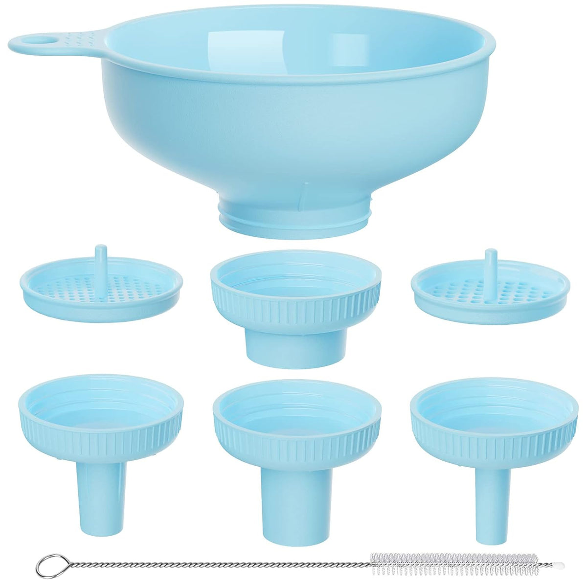Wide Mouth Versatile Funnel, Canning Funnels for Kitchen Use, Food Grade Plastic Cooking Funnel Set with 4 Size Spouts and 2 Strainers for Filling Different Bottles and Bags, Grey