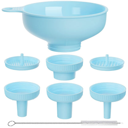 Wide Mouth Versatile Funnel, Canning Funnels for Kitchen Use, Food Grade Plastic Cooking Funnel Set with 4 Size Spouts and 2 Strainers for Filling Different Bottles and Bags, Grey