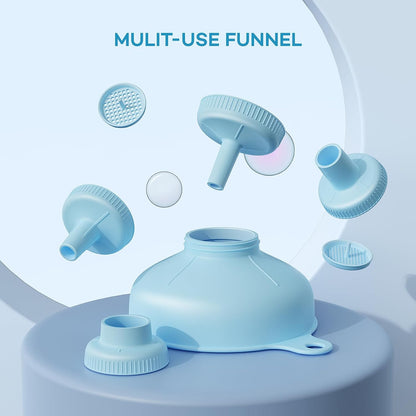 Wide Mouth Versatile Funnel, Canning Funnels for Kitchen Use, Food Grade Plastic Cooking Funnel Set with 4 Size Spouts and 2 Strainers for Filling Different Bottles and Bags, Grey