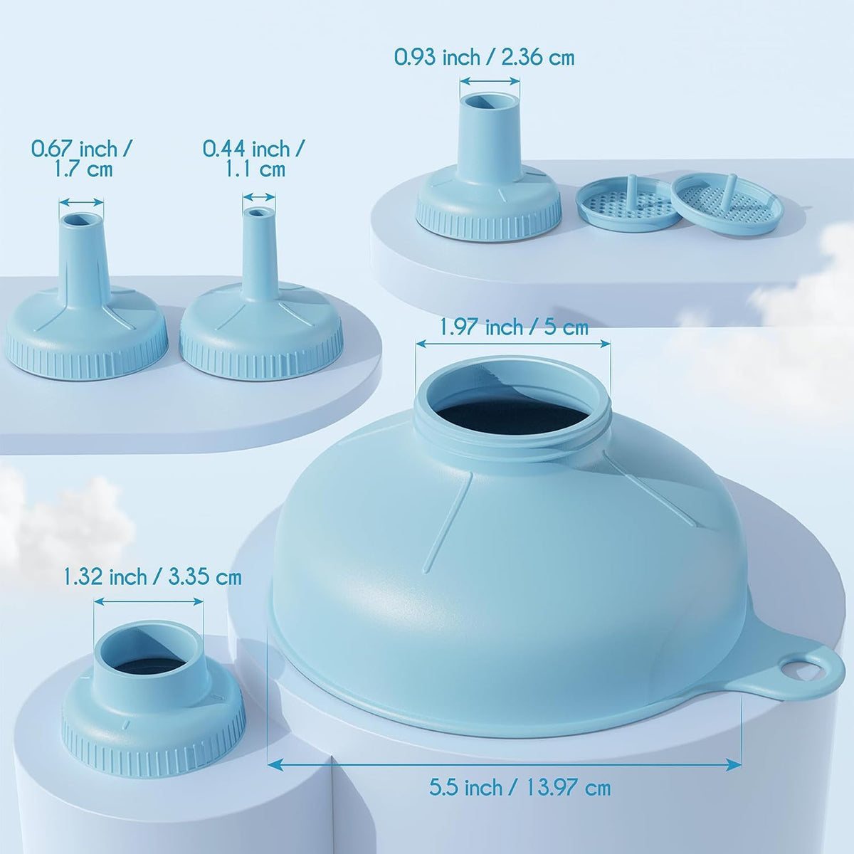 Wide Mouth Versatile Funnel, Canning Funnels for Kitchen Use, Food Grade Plastic Cooking Funnel Set with 4 Size Spouts and 2 Strainers for Filling Different Bottles and Bags, Grey