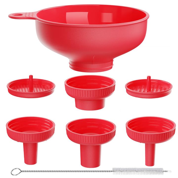 Wide Mouth Versatile Funnel, Canning Funnels for Kitchen Use, Food Grade Plastic Cooking Funnel Set with 4 Size Spouts and 2 Strainers for Filling Different Bottles and Bags, Grey