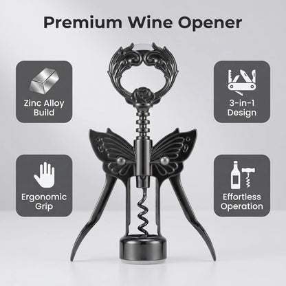 Wine Opener, 3 in 1 Zinc Alloy Premium Wing Corkscrew Wine Bottle Opener with Multifunctional Bottles Opener and Serrated Foil Cutter for Wine and Beer (Black)