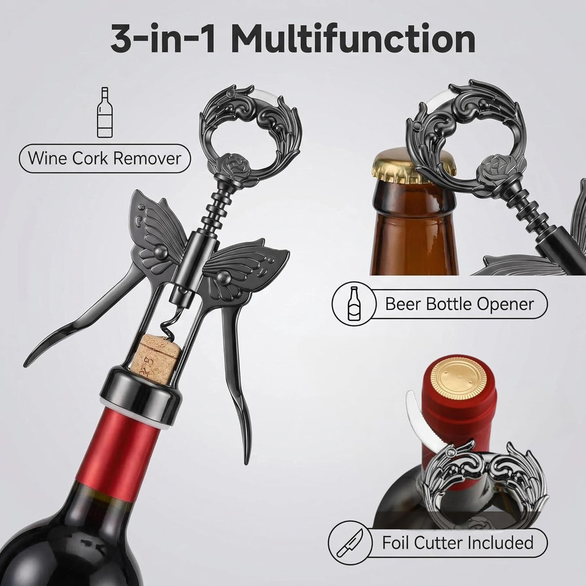 Wine Opener, 3 in 1 Zinc Alloy Premium Wing Corkscrew Wine Bottle Opener with Multifunctional Bottles Opener and Serrated Foil Cutter for Wine and Beer (Black)