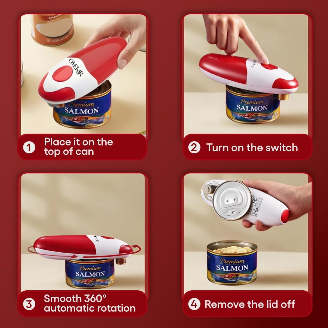 Electric Can Opener, One-Touch Automatic Smooth Edge Can Opener for All Can Sizes, Battery Operated Hands-Free Kitchen Gadget for Seniors with Arthritis (Red)