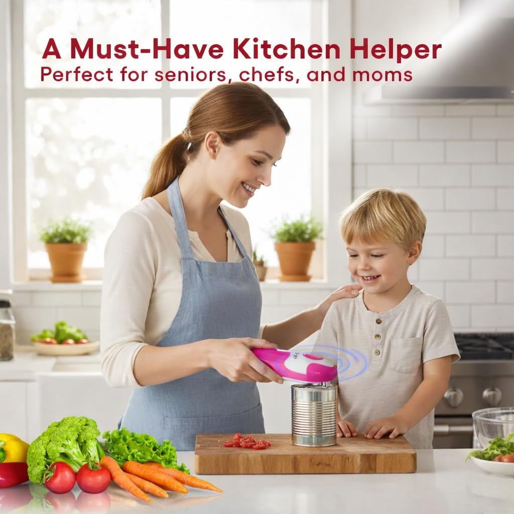 Electric Can Opener, One-Touch Automatic Smooth Edge Can Opener for All Can Sizes, Battery Operated Hands-Free Kitchen Gadget for Seniors with Arthritis (Red)