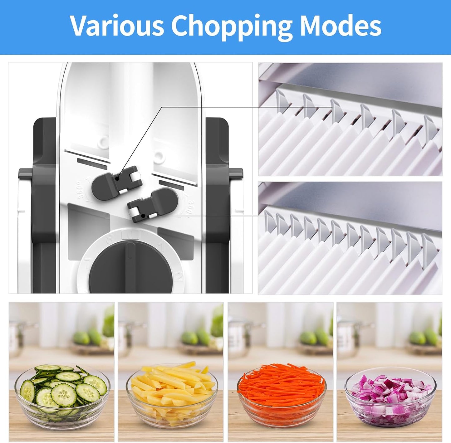 Safe Mandoline Slicer for Kitchen, 5 in 1 Multi Food Chopper, Potato Slicer | Adjustable Thickness 0.1-8 mm, Vegetable Chopper Cutter, Food Chopper French Fry Cutte, Paring Knife/Cleaning Brush, Mandolin