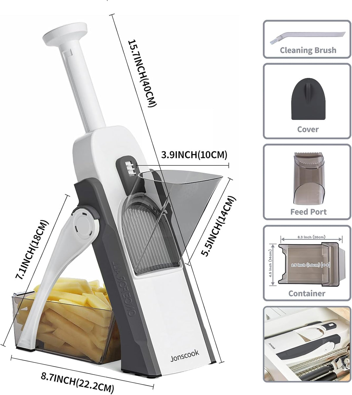 Safe Mandoline Slicer for Kitchen, 5 in 1 Multi Food Chopper, Potato Slicer | Adjustable Thickness 0.1-8 mm, Vegetable Chopper Cutter, Food Chopper French Fry Cutte, Paring Knife/Cleaning Brush, Mandolin