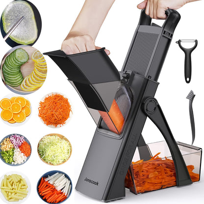 Safe Mandoline Slicer for Kitchen, 5 in 1 Multi Food Chopper, Potato Slicer | Adjustable Thickness 0.1-8 mm, Vegetable Chopper Cutter, Food Chopper French Fry Cutte, Paring Knife/Cleaning Brush, Mandolin