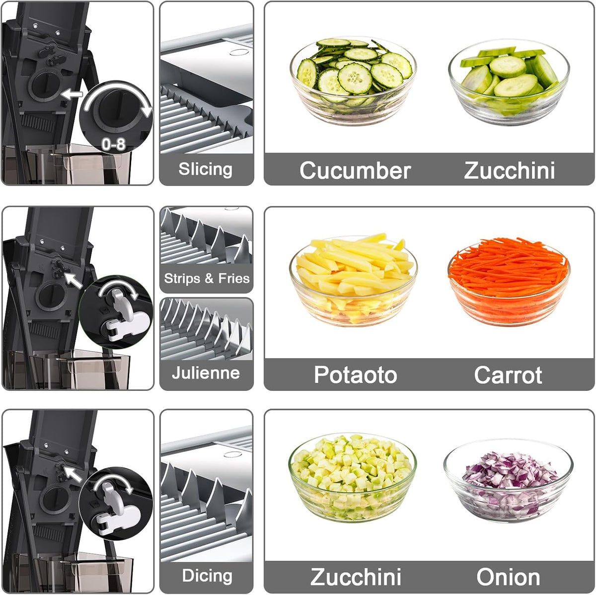 Safe Mandoline Slicer for Kitchen, 5 in 1 Multi Food Chopper, Potato Slicer | Adjustable Thickness 0.1-8 mm, Vegetable Chopper Cutter, Food Chopper French Fry Cutte, Paring Knife/Cleaning Brush, Mandolin