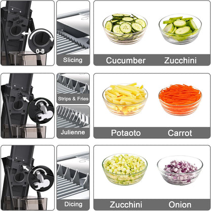 Safe Mandoline Slicer for Kitchen, 5 in 1 Multi Food Chopper, Potato Slicer | Adjustable Thickness 0.1-8 mm, Vegetable Chopper Cutter, Food Chopper French Fry Cutte, Paring Knife/Cleaning Brush, Mandolin