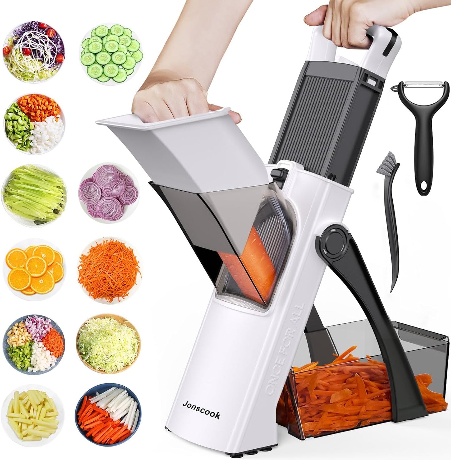 Safe Mandoline Slicer for Kitchen, 5 in 1 Multi Food Chopper, Potato Slicer | Adjustable Thickness 0.1-8 mm, Vegetable Chopper Cutter, Food Chopper French Fry Cutte, Paring Knife/Cleaning Brush, Mandolin