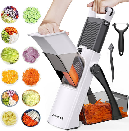 Safe Mandoline Slicer for Kitchen, 5 in 1 Multi Food Chopper, Potato Slicer | Adjustable Thickness 0.1-8 mm, Vegetable Chopper Cutter, Food Chopper French Fry Cutte, Paring Knife/Cleaning Brush, Mandolin
