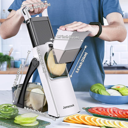 Safe Mandoline Slicer for Kitchen, 5 in 1 Multi Food Chopper, Potato Slicer | Adjustable Thickness 0.1-8 mm, Vegetable Chopper Cutter, Food Chopper French Fry Cutte, Paring Knife/Cleaning Brush, Mandolin