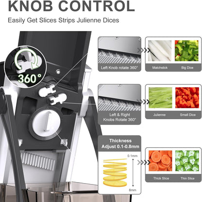 Safe Mandoline Slicer for Kitchen, 5 in 1 Multi Food Chopper, Potato Slicer | Adjustable Thickness 0.1-8 mm, Vegetable Chopper Cutter, Food Chopper French Fry Cutte, Paring Knife/Cleaning Brush, Mandolin