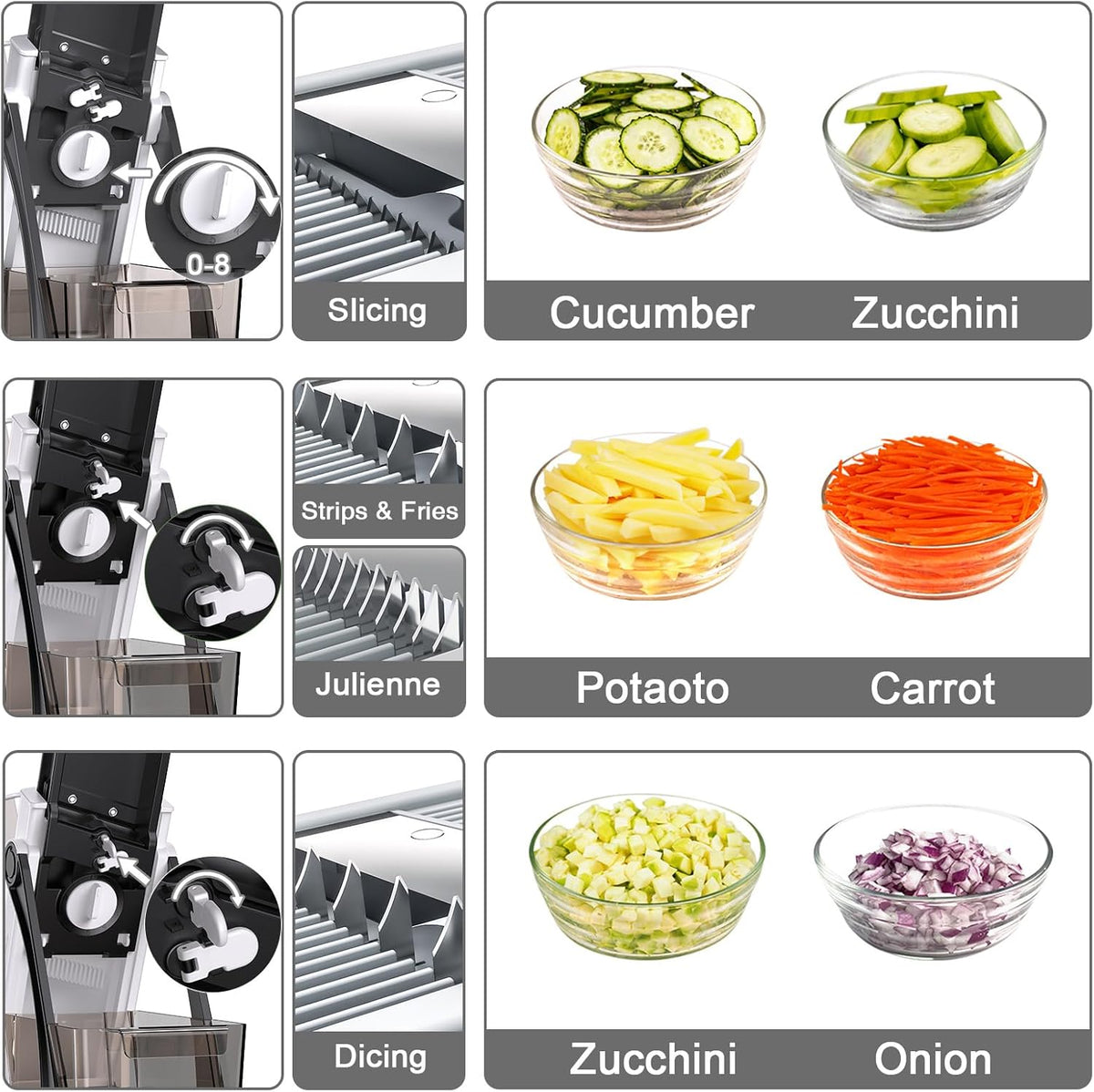 Safe Mandoline Slicer for Kitchen, 5 in 1 Multi Food Chopper, Potato Slicer | Adjustable Thickness 0.1-8 mm, Vegetable Chopper Cutter, Food Chopper French Fry Cutte, Paring Knife/Cleaning Brush, Mandolin