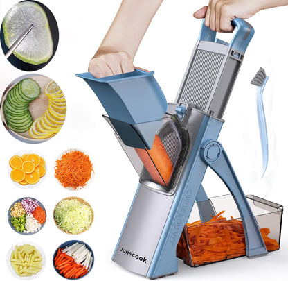 Safe Mandoline Slicer for Kitchen, 5 in 1 Multi Food Chopper, Potato Slicer | Adjustable Thickness 0.1-8 mm, Vegetable Chopper Cutter, Food Chopper French Fry Cutte, Paring Knife/Cleaning Brush, Mandolin