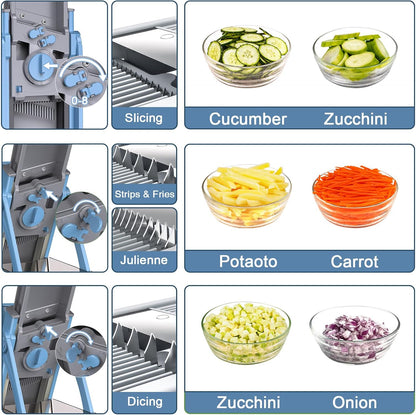 Safe Mandoline Slicer for Kitchen, 5 in 1 Multi Food Chopper, Potato Slicer | Adjustable Thickness 0.1-8 mm, Vegetable Chopper Cutter, Food Chopper French Fry Cutte, Paring Knife/Cleaning Brush, Mandolin