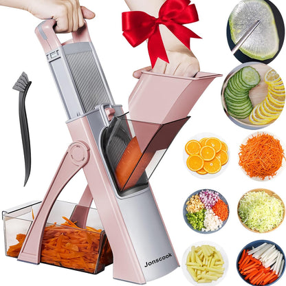 Safe Mandoline Slicer for Kitchen, 5 in 1 Multi Food Chopper, Potato Slicer | Adjustable Thickness 0.1-8 mm, Vegetable Chopper Cutter, Food Chopper French Fry Cutte, Paring Knife/Cleaning Brush, Mandolin