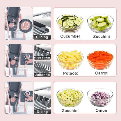 Safe Mandoline Slicer for Kitchen, 5 in 1 Multi Food Chopper, Potato Slicer | Adjustable Thickness 0.1-8 mm, Vegetable Chopper Cutter, Food Chopper French Fry Cutte, Paring Knife/Cleaning Brush, Mandolin