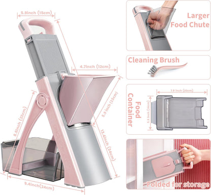 Safe Mandoline Slicer for Kitchen, 5 in 1 Multi Food Chopper, Potato Slicer | Adjustable Thickness 0.1-8 mm, Vegetable Chopper Cutter, Food Chopper French Fry Cutte, Paring Knife/Cleaning Brush, Mandolin
