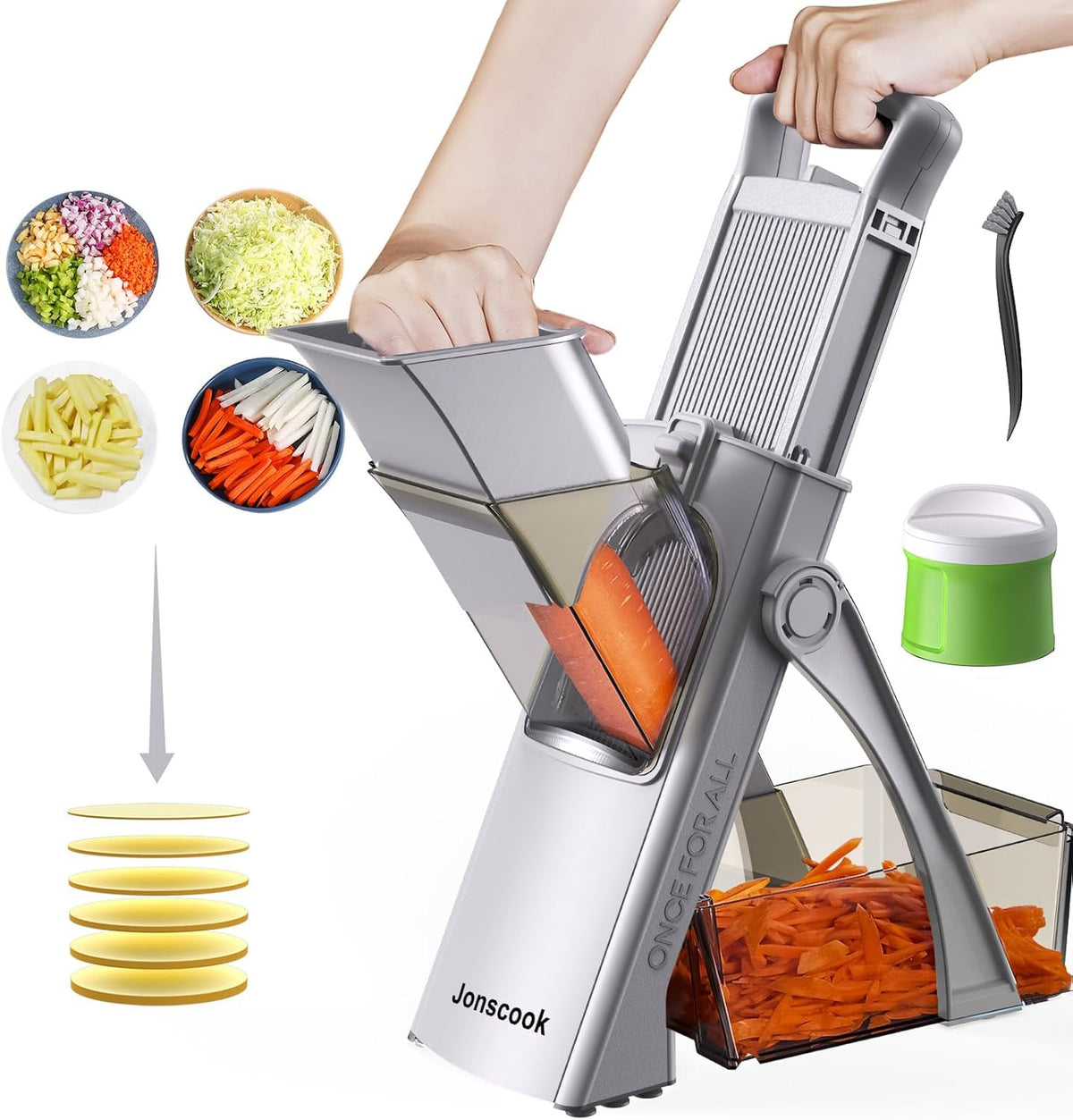 Safe Mandoline Slicer for Kitchen, 5 in 1 Multi Food Chopper, Potato Slicer | Adjustable Thickness 0.1-8 mm, Vegetable Chopper Cutter, Food Chopper French Fry Cutte, Paring Knife/Cleaning Brush, Mandolin