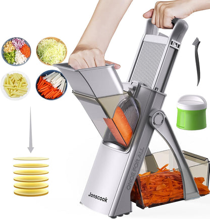 Safe Mandoline Slicer for Kitchen, 5 in 1 Multi Food Chopper, Potato Slicer | Adjustable Thickness 0.1-8 mm, Vegetable Chopper Cutter, Food Chopper French Fry Cutte, Paring Knife/Cleaning Brush, Mandolin