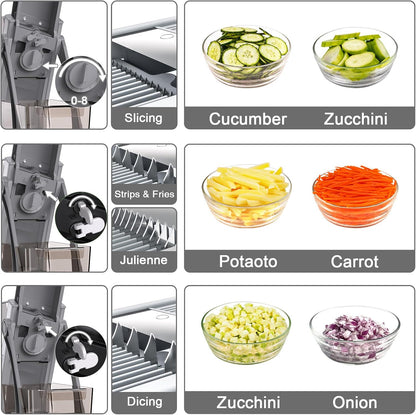 Safe Mandoline Slicer for Kitchen, 5 in 1 Multi Food Chopper, Potato Slicer | Adjustable Thickness 0.1-8 mm, Vegetable Chopper Cutter, Food Chopper French Fry Cutte, Paring Knife/Cleaning Brush, Mandolin