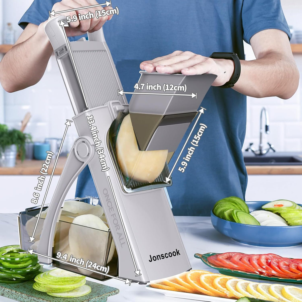 Safe Mandoline Slicer for Kitchen, 5 in 1 Multi Food Chopper, Potato Slicer | Adjustable Thickness 0.1-8 mm, Vegetable Chopper Cutter, Food Chopper French Fry Cutte, Paring Knife/Cleaning Brush, Mandolin