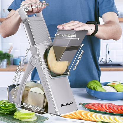 Safe Mandoline Slicer for Kitchen, 5 in 1 Multi Food Chopper, Potato Slicer | Adjustable Thickness 0.1-8 mm, Vegetable Chopper Cutter, Food Chopper French Fry Cutte, Paring Knife/Cleaning Brush, Mandolin