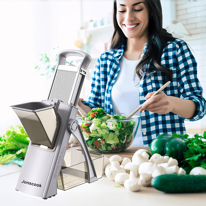 Safe Mandoline Slicer for Kitchen, 5 in 1 Multi Food Chopper, Potato Slicer | Adjustable Thickness 0.1-8 mm, Vegetable Chopper Cutter, Food Chopper French Fry Cutte, Paring Knife/Cleaning Brush, Mandolin