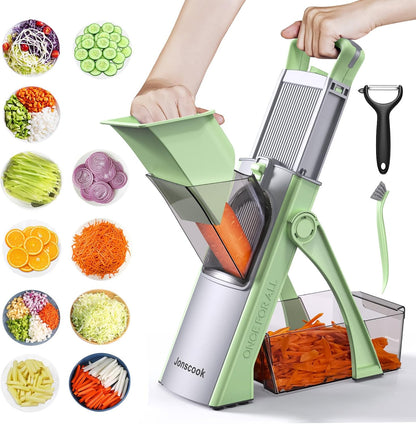 Safe Mandoline Slicer for Kitchen, 5 in 1 Multi Food Chopper, Potato Slicer | Adjustable Thickness 0.1-8 mm, Vegetable Chopper Cutter, Food Chopper French Fry Cutte, Paring Knife/Cleaning Brush, Mandolin
