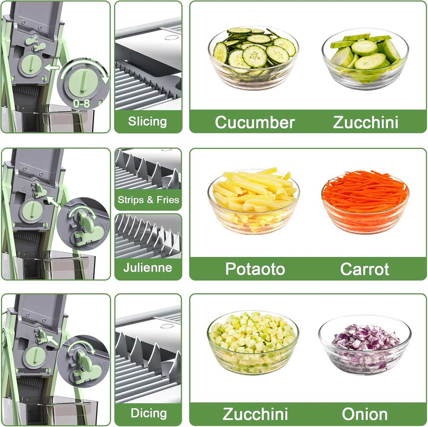 Safe Mandoline Slicer for Kitchen, 5 in 1 Multi Food Chopper, Potato Slicer | Adjustable Thickness 0.1-8 mm, Vegetable Chopper Cutter, Food Chopper French Fry Cutte, Paring Knife/Cleaning Brush, Mandolin