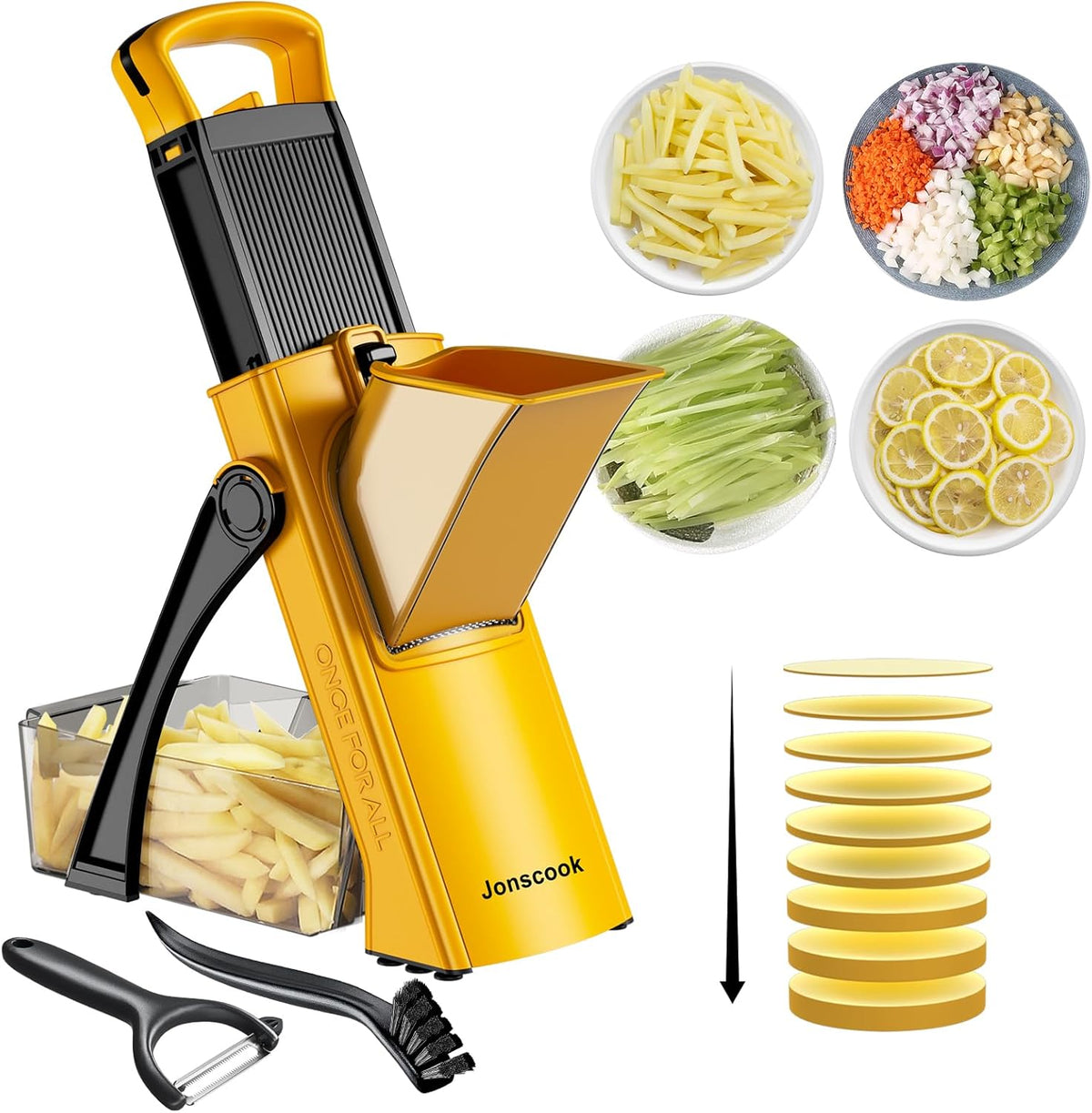 Safe Mandoline Slicer for Kitchen, 5 in 1 Multi Food Chopper, Potato Slicer | Adjustable Thickness 0.1-8 mm, Vegetable Chopper Cutter, Food Chopper French Fry Cutte, Paring Knife/Cleaning Brush, Mandolin