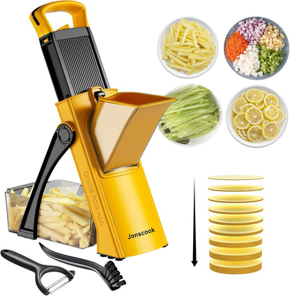 Safe Mandoline Slicer for Kitchen, 5 in 1 Multi Food Chopper, Potato Slicer | Adjustable Thickness 0.1-8 mm, Vegetable Chopper Cutter, Food Chopper French Fry Cutte, Paring Knife/Cleaning Brush, Mandolin