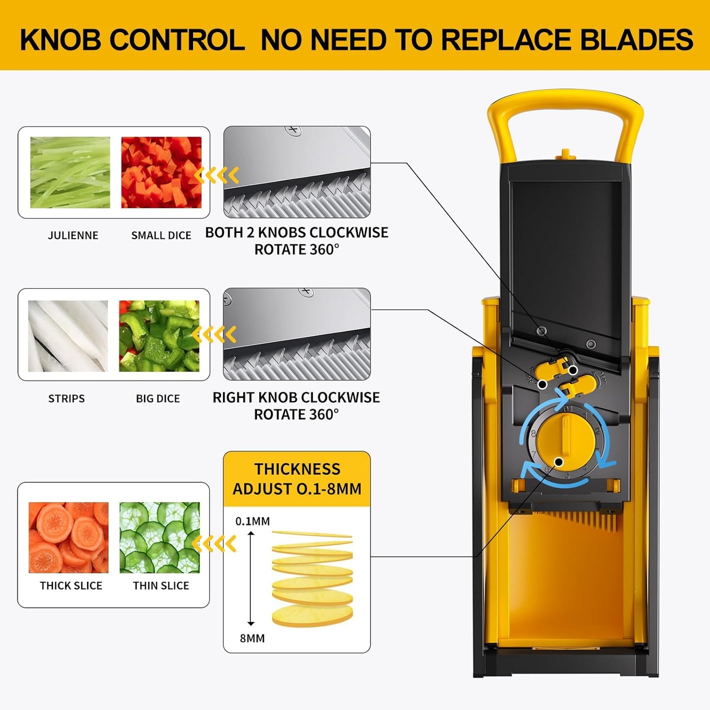 Safe Mandoline Slicer for Kitchen, 5 in 1 Multi Food Chopper, Potato Slicer | Adjustable Thickness 0.1-8 mm, Vegetable Chopper Cutter, Food Chopper French Fry Cutte, Paring Knife/Cleaning Brush, Mandolin