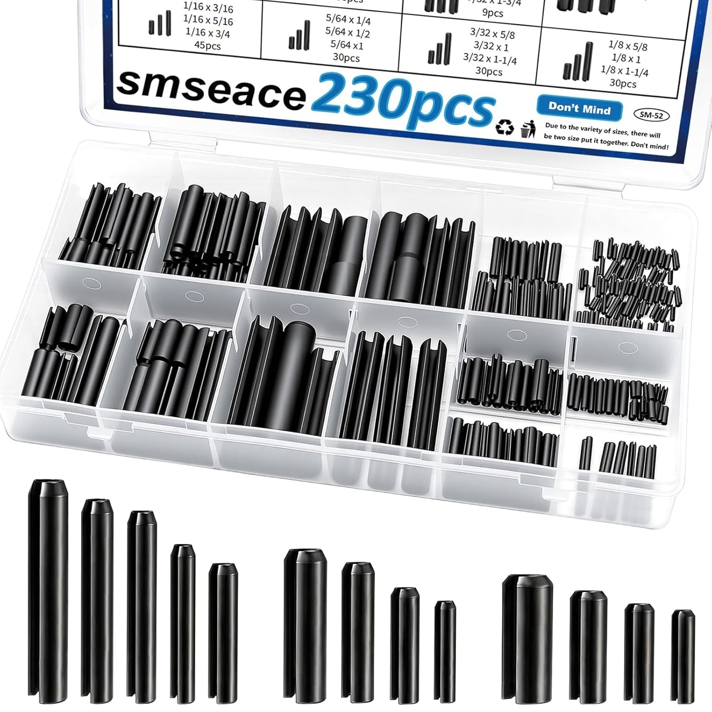 230Pcs Roll Pin Set SAE 1/16 5/64 3/32 1/8 5/32 3/16 7/32 1/4 5/16 3/8 Inch Roll Pins Assortment Kit for for Home Improvement Automotive Repair