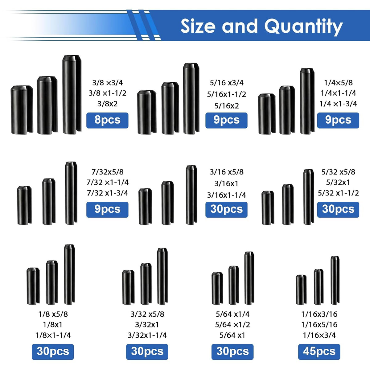 230Pcs Roll Pin Set SAE 1/16 5/64 3/32 1/8 5/32 3/16 7/32 1/4 5/16 3/8 Inch Roll Pins Assortment Kit for for Home Improvement Automotive Repair