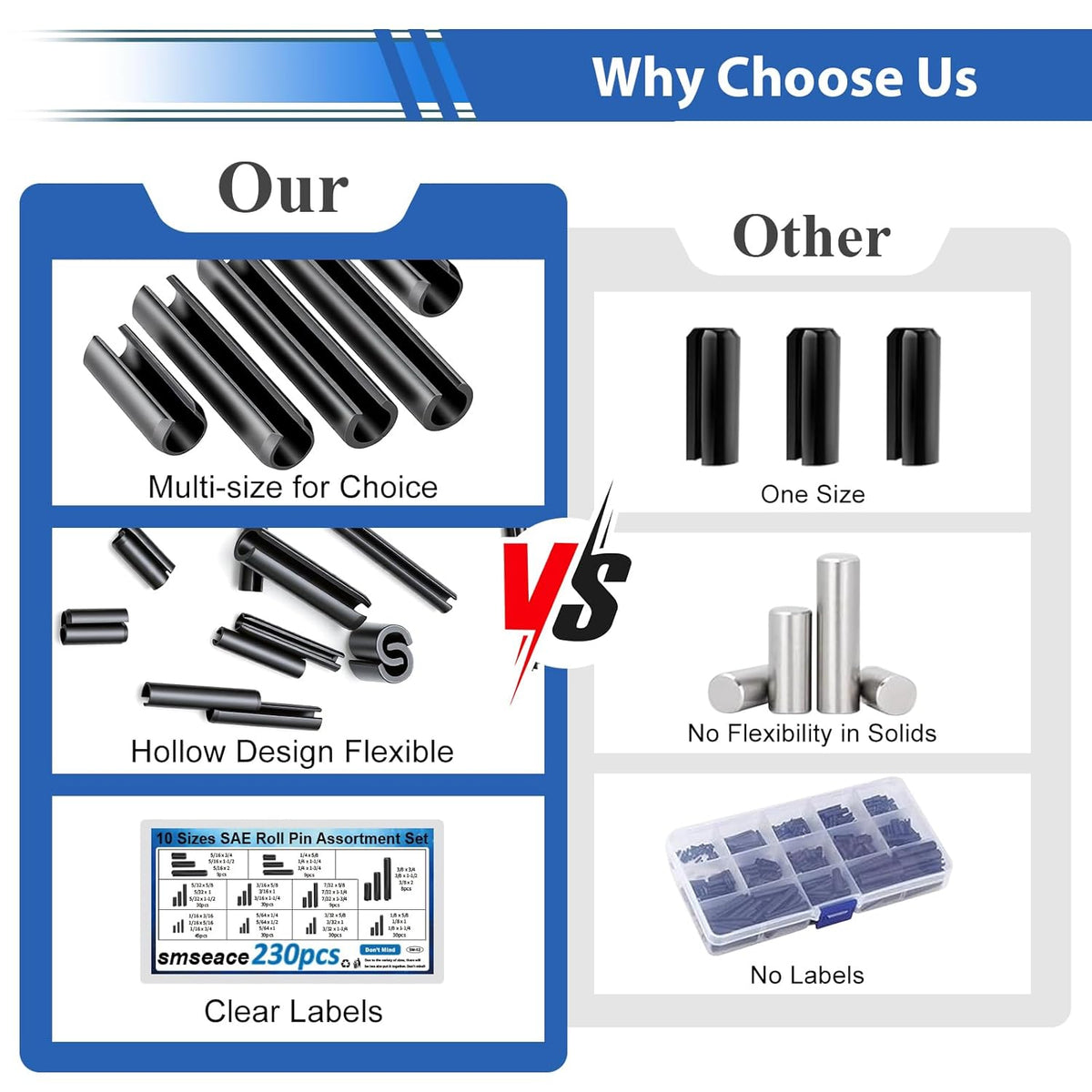 230Pcs Roll Pin Set SAE 1/16 5/64 3/32 1/8 5/32 3/16 7/32 1/4 5/16 3/8 Inch Roll Pins Assortment Kit for for Home Improvement Automotive Repair