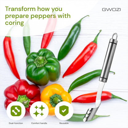 Jalapeno Pepper Corer Tool and Knife 2 in 1 - Stainless Steel Jalapeno Corer Tool with Handle - Pepper Corer and Deseeder for Seed - Pepper Seed Corer Remover Tool with Serrated Slice